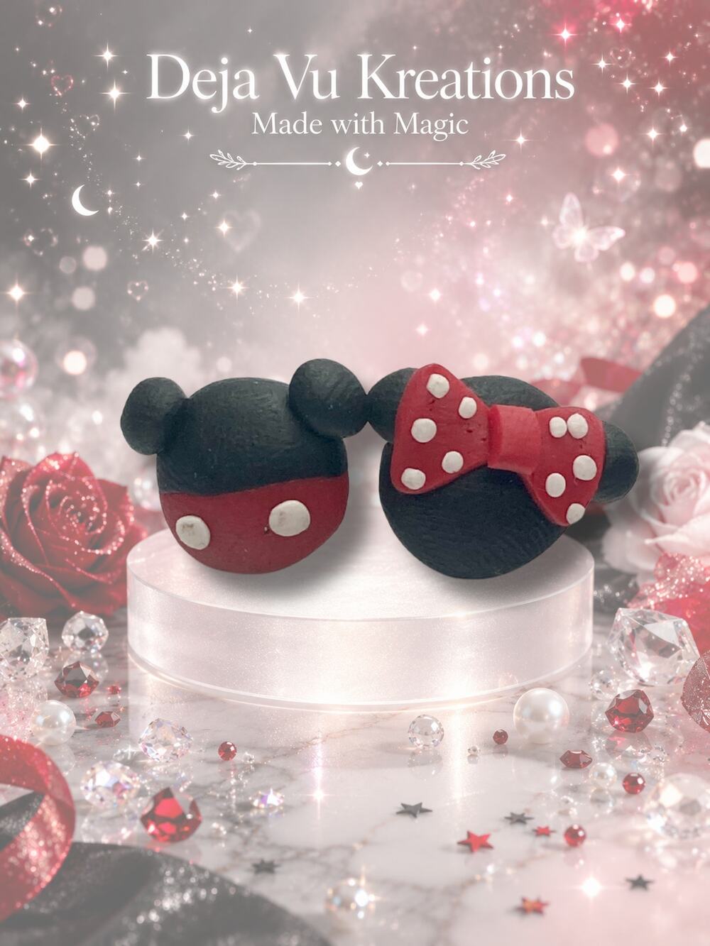 Handmade Disney Mismatched Mickey & Minnie Polymer Clay Stud Earrings